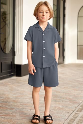 Image of Arshiner Toddler Boys 2 Piece Summer Outfits Waffle Knit Short Sleeve Button Down Shirt & Casual Shorts Sets Size 2-7
