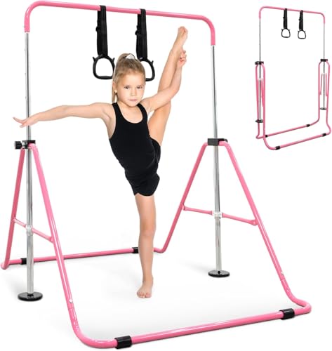 KAYMAN Gymnastics Horizontal Bar for Kids with Rings & Hand Protection Wrap Adjustable Height 89/99/109/119/129cm Heavy-Duty Steel Gym Equipment for Home Gymnastics Strength & Flexibility Training