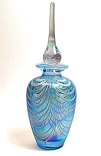 Alice-Aliya Art Crystal Empty Glass Perfume Bottle In Cyan Color With White Opaque Pattern And Crystal Stopper.