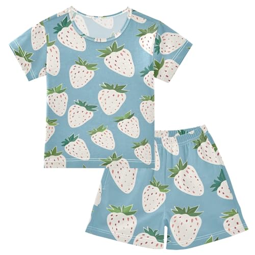 ALAZA White Strawberry Blue Pajamas Short Sleeve 2 Piece Sleepwear Top and Bottom Pajama Set Unisex