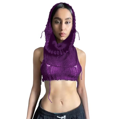 Image of Women's Knitted Hoodie Sweater Vest Sexy Sleeveless Hollow Out Hooded Crop Top Draped Sweatshirt Streetwear