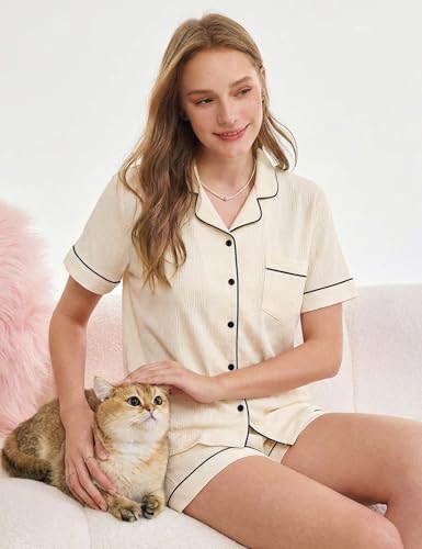 Image of SWOMOG Womens Button Down Pajamas Set Short Sleeve Sleepwear Bride Soft Pj Lounge Sets XS-3XL
