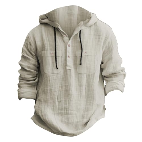 Mens Linen Hoodie Lightweight Long Sleeve Button Down Shirts with Hood Hooded T Shirt Boho Beach Vacation Pullover Tops2