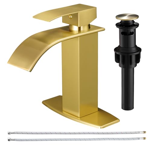 BESy Bathroom Faucet 1 Hole Waterfall Vanity Sink Faucet Brushed Gold