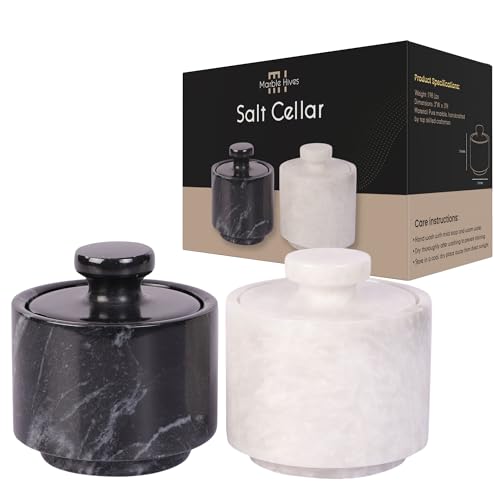 Marble Hives Marble Salt Cellar With Lid- Pack Of 2 Marble Salt And Pepper Bowls- Salt Holder With Lid To Put Salt, Paprika, Pepper, And Spice (Sunny Grey & Black) (White & Black, Style 01)