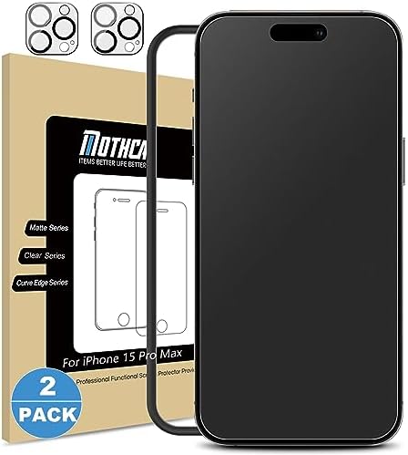 Mothca Matte Screen Protector for iPhone 15 Pro Max 6.7 Inch (2 + 2 Pieces), 2 x Matte Screen Protectors + 2 x Camera Protection, 2.5D Screen Protector, Anti-Glare Protection, Anti-Fingerprint Paper
