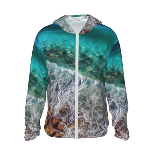 Sun Protection Hoodie Shirt Beach Ocean Waves UPF 50+ Long Sleeve Outdoor Rash Guard for Men Women