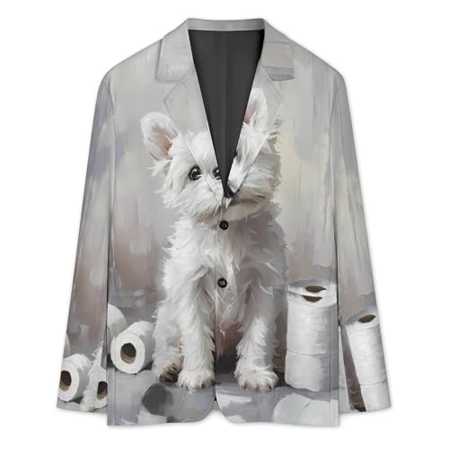 White Terrier Puppy Sitting on The Bathroom Classic Suits Blazer for Men Business Tuxedo Jacket Sport Coat Two Buttons3