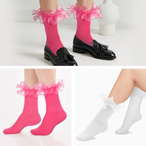 Women Big Ruffle Socks 2 Pairs Double Lace Turn Cuff Ankle Socks Adult Cotton Frilly Dress Cute Bobby Sock with Ruffles for Woman Cotton Ruffled Dress Crew Sock (White Hot Pink)4