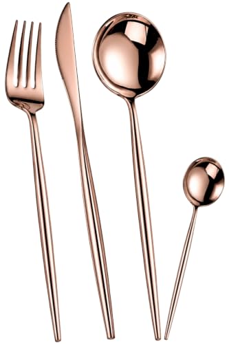 Image of Slim Handle Rose Gold 8 Pcs Stainless Steel Cutlery Set for Dining Table, Dishwasher Safe Glossy Flatware (2 Spoon Set + 2 Forks Set + 2 Butter Knife + 2 Dessert Spoon)