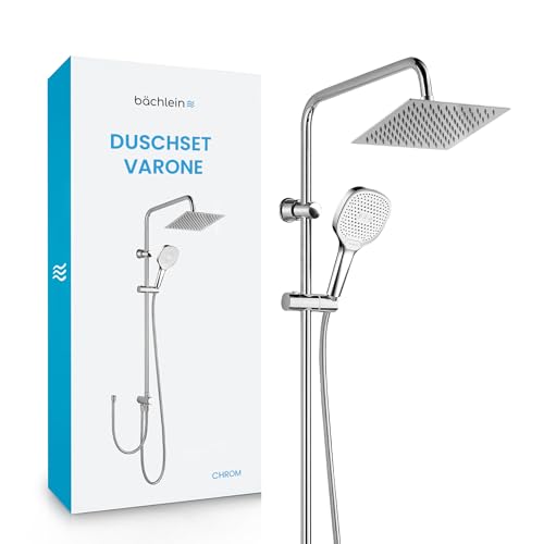 Bächlein Duschset Varone - Duschsystem ohne Armatur - Duschset aus Edelstahl und Kunststoff mit Überkopfbrause und Handbrause, Verstellbar und Hochglanzpoliert, Moderne Wellness-Regendusche (20x20cm)