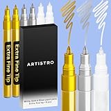 ARTISTRO 6 Gold & Silver & White Acrylic Paint Pens – 0.7mm Extra Fine Tip Paint Pens for Crafts, Rock Painting, Greeting Cards, Ornament Decor, DIY Art