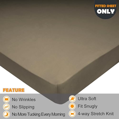 Image of Twin Size Fitted Sheet Only - 4-Way Stretch Knit, Snug Fit, Wrinkle Free & Stay in Place, No More Slipping Off for Mattress, Soft & Comfortable - Taupe, Twin