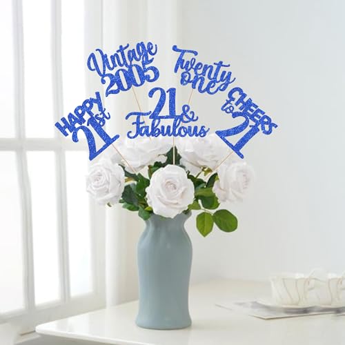 Image of 15 PCS 21st Birthday Centerpiece Sticks Glitter Twenty One Happy 21 Vintage 2005 Table Flower Centerpieces Sticks Cheers to 21 Fabulous Floral Decorations for 21st Birthday Party Supplies Blue