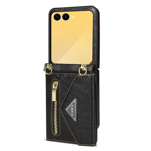 Image of Draamvol for Samsung Galaxy Z Flip 8 Case with Card Holder Shockproof PU Leather Magnetic Wallet Zipper Pocket Case Detachable Strap Bumper Cover for Samsung Galaxy Z Flip 8 Phone Case,Black