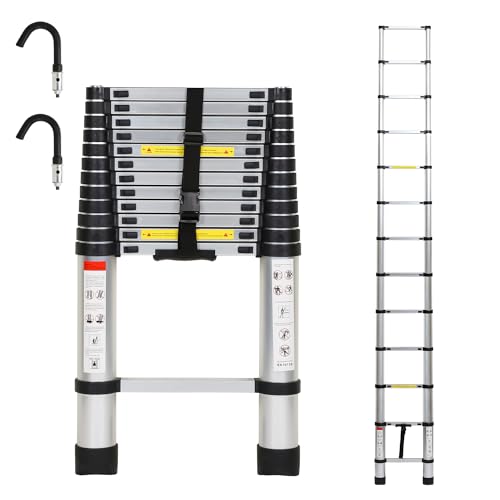 Yakimz Escalera telescópica de aluminio de 3,8 m con 2 ganchos extraíbles, escalera extensible portátil, escalera multiusos antideslizante, escalera telescópica extensible, hasta 150 kg de capacidad