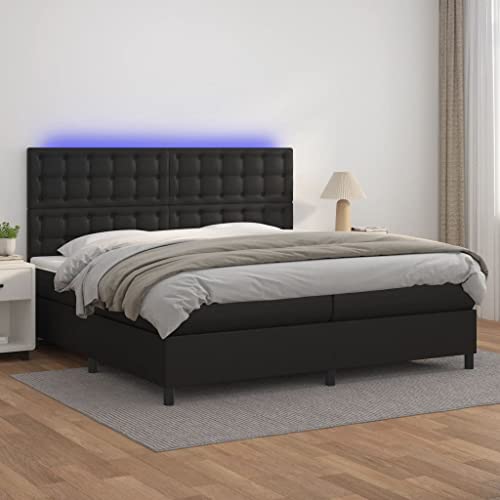 Vetnasa Cama Box Spring colchón y LED Cuero sintético Negro 200x200 cm Mobiliario, Camas y Accesorios, Camas y somieres Negro 93,5 KG