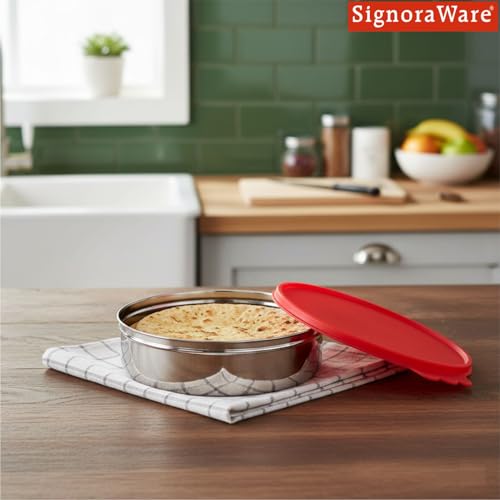 Image of SignoraWare Stainless Steel Medium Khakra Box /Container | Airtight & Leakproof | Compact & Stylish Design for Kitchen & Travel Use | Ideal for Khakhra, Snacks, Roti & Dry Fruits (2.6 LTR | Red)