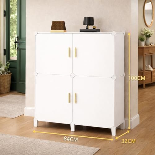 Image of LUHI Plastic Shoe Rack for Home with Door, 4-Door Shoe Storage Cabinet | 12-Shelfs for 24 Pairs | Waterproof & Portable DIY Shoe Slipper & Chappal Stand for Entryway /Bedroom (White-HH3)