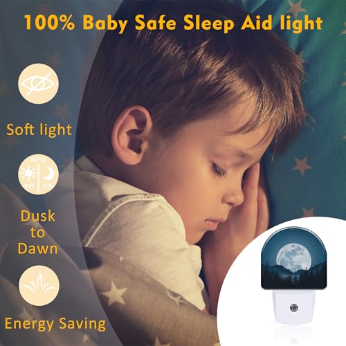 Image of Full Moon and Misty Forest Night Light Plug into Wall, Starry Sky and Forest Dusk to Dawn Night Light,0.5w Energy Saving Sleep Friendly Nightlights for Kids Boys Girls Home Decor