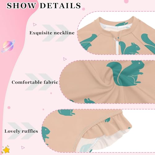 Blue Squirrel Pattern on Peach Girls Rash Guard Swimsuits Long Sleeve One Pieces Bathing Suit UPF 50+ Zipper Swimwear4