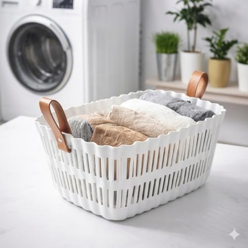 Image of AIR O MATIC Plastic Ractangle Laundry Basket with Breathable Slotted Design & Ergonomic Leather Grip Handles - Large Ventilated Clothes Hamper for Bedroom, Bathroom & Laundry Room (White)