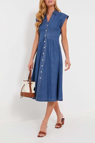 Ladyful Women's Denim Shirt Midi Dress Button Down Collared V Neck Sleeveless Jean Dress Chambray A-Line Sundress4