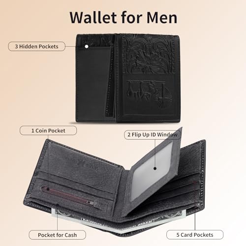 Image of Mens Rodeo Short Wallet Western RFID-Blocking Bifold Leather Wallet with ID Window - Full Grain Leather Wallets Unique Gift for Men, 02--Black
