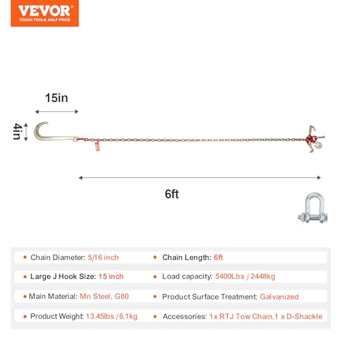 Chaîne de remorquage G80 VEVOR haut de gamme de 8 mm x 180 cm avec crochets de levage RTJ