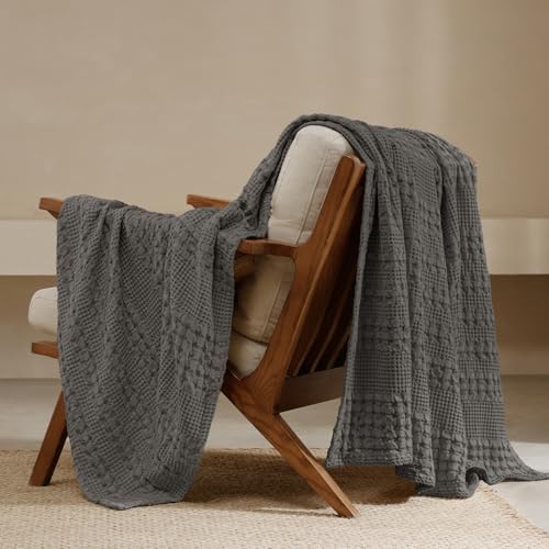Image of PHF 100% Cotton Waffle Throw Blanket for Couch, Lightweight Breathable and Soft for Summer, Luxury Aesthetic Waffle Weave Blanket for Home Decor & Office, Gifts for Women, 50 inchx60 inch, Charcoal Grey