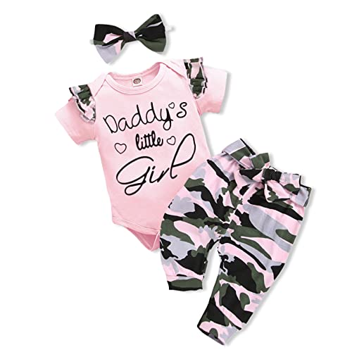 Image of AMAWMW Baby Girl Clothes Set Daddys Little Girl Ruffle Romper Top Camouflage Pants Newborn Infant Baby Girl Outfit