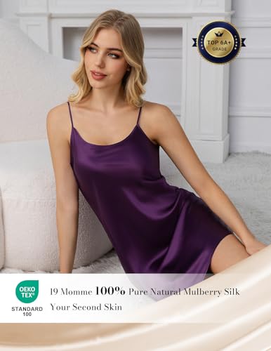 Image of THXSILK Women's Silk Nightgown, 100% Real 19 Momme Mulberry Silk Sleepwear Round Neck Spaghetti Strap Chemise Nightdress