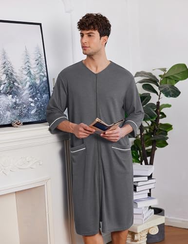 Image of Ekouaer Mens Robes Lightweight Zipper House Coat Short Bathrobes Soft Sleepwear with Pockets S-3XL