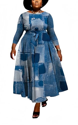 Image of Hostoyo Women Plus Size Formal A Line Maxi Dress Self Tie Waist with Pockets Elegant Round Neck Swing Long Dresses