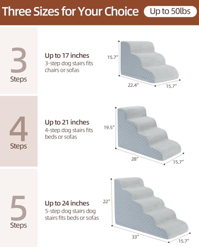 Image of Dog Stairs Ramp for Couch 15.7 inch H, 3-Step Pet Stairs for Small Dogs with High Density Foam, Dog Slope Stairs with Durable Non-Slip Bottom for Puppy Grey