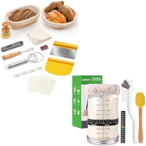 CODOGOY Banneton Proofing Basket Set (10 inch Oval & 9 inch Round) and 40 oz Sourdough Starter Glass Jar Cover