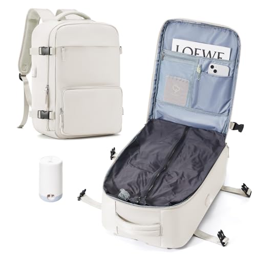 Image of Vacuum Backpack Travel Backpack with Compression, Men Women Vacuum Backpack with Air Pump, Carry on Backpack Flight Approved Personal Item Size - White