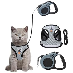 Bindokun Cat Harness and Lead Set, Escape Proof Kitten Harness with Cat Leash, 16.4 Ft / 5 M Automatic Retractable Cat Lead for Garden, Reflective Adjustable Soft Vest for Small Cat Walking