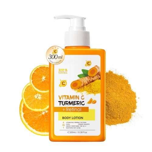 Vitamin C Turmeric Bodylotion, Feuchtigkeitsspendende Körperlotion, Retinol Body Lotion Für Matt-Unebene-Trockene Haut, Vitamin C Creme Glatten Und Straffende Haut, Leichte, Nicht Klebrige, 300 ML