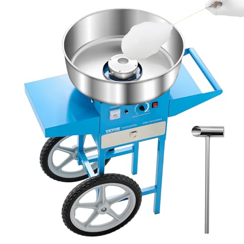VEVOR Commercial Cotton Candy Machine with Cart, 1000W Electric Candy Floss Maker with 20.5 in Stainless Steel Bowl, Sugar Scoop and Drawer, for Home, Kids Birthday, Family Party, Blue