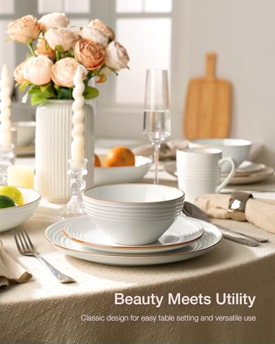Jupiter Plates and Bowls Set, Reactive Glaze Dinner Sets for 6 People, 18 Pieces Stoneware with Gold Rim, Scratch Resistant Dinnerware Service for 6, Microwave & Dishwasher Safe, White - Image 3
