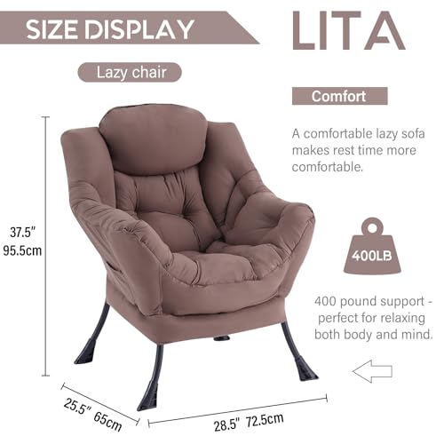 Image of LITA Lazy Chair with Armrests and Side Pocket, Modern Upholstered Accent Reading Chair for Living Room, Bedroom, Dorm, Small Spaces, Single Dark Brown