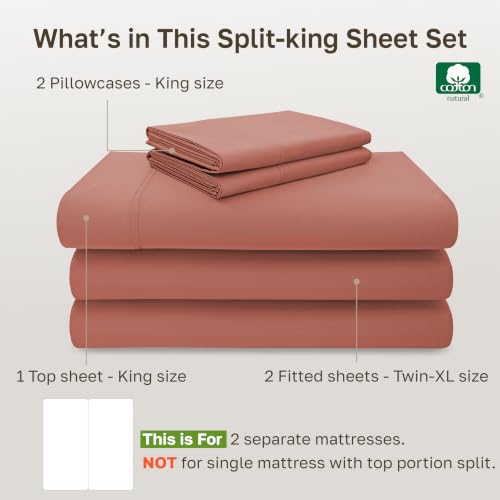 Image of California Design Den Split King Cotton Sheets Set - Luxury 600 Thread Count, 100% Cotton Sateen, Split King Sheet Sets, Deep Pockets, Soft and Durable Bedding - Terracotta