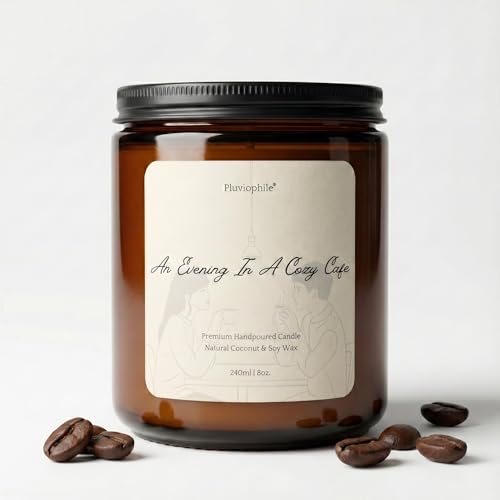 Image of Pluviophile Cozy Cafe Scented Candle | Coconut & Soy Wax | Hand-Poured | Amber Glass Jar with Lid | 240g /8oz, Vegan Coffee Candle for Home, Bedroom, Work Desk & Gifting
