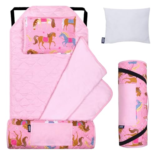 Wildkin Kids Modern Nap Mat with Pillow for Toddler Boys & Girls, Ideal for Daycare & Preschool, Features Elastic Corner Straps, Cotton Blend Materials Nap Mat for Kids, BPA-free (Horses)