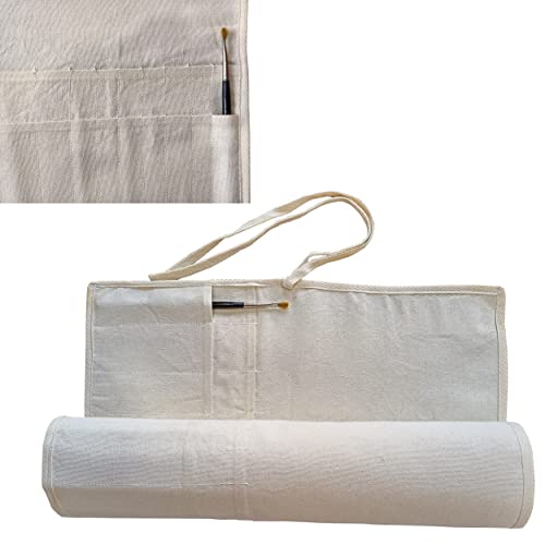 Image of Cotton Inside Empty Brush Holder Canvas For Artist 32 Slots Easy To Care Paint Brush, Drawing Pen, Palette Knife, Acrylic, Oil, Watercolor, Gouache Roll Up Brush Storage 55 X 45 Cm, White