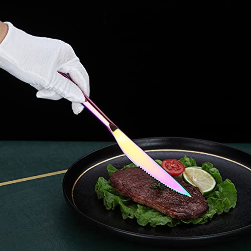 Set Di Coltelli Da Bistecca 12 Pezzi,Set Di 6 Forchette E 6 Coltello Da Tavola In Acciaio Inossidabile Premium,coltelli da bistecca forchette da bistecca per 6 persone (Colorato Lucido) - immagine 6