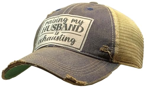 Image of VINTAGE LIFE Raising My Husband is Exhausting Distressed Trucker Cap, Navy Blue, Cotton, Polyester, Indoor, Outdoor