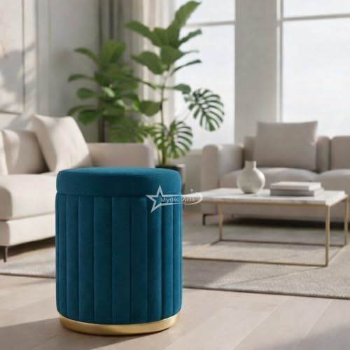 Image of Round Strip Stool with Cushion Foot Rest Office Stool Pouf Ottoman Padded Seat in Living Room - Aqua