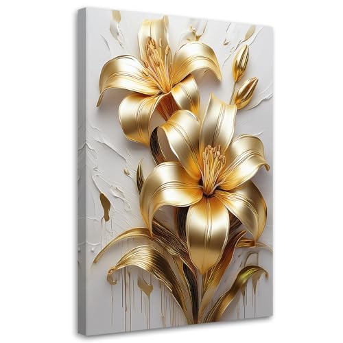 Feeby - Tableaux - Deco Tableau Murale - Fleurs dorées Glamour Peintes - 60x90 1partie - Pour la Chambre et le Salon - Pour Chaque Pièce de Votre Appartement...